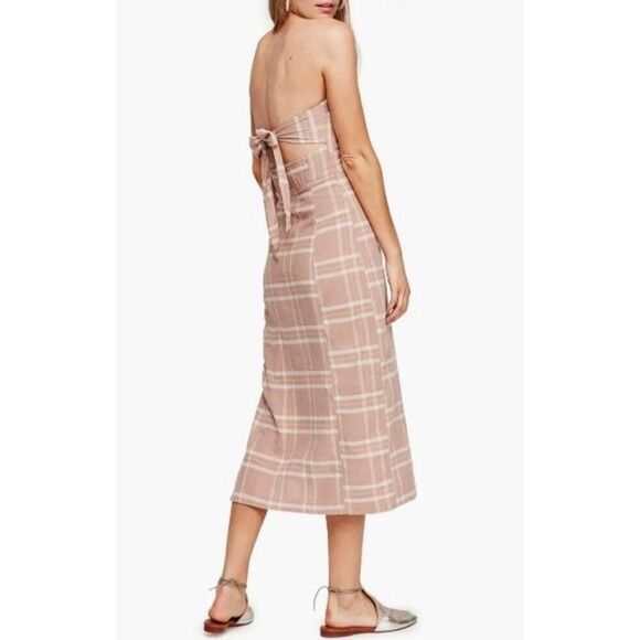 Free People Life Like This Midi Dress Womens XS Natural Plaid Strapless Tie Back - Picture 2 of 16